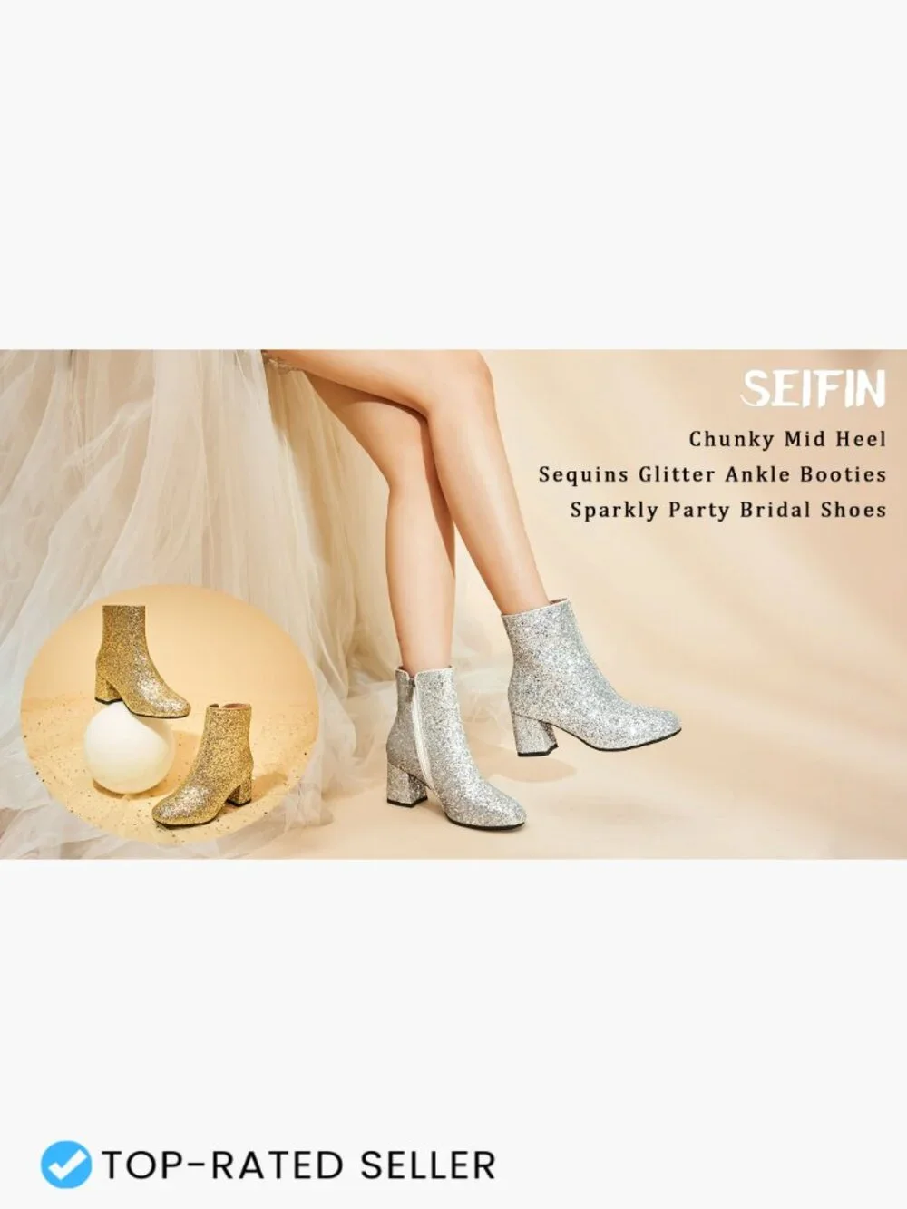 Sequins Glitter Chunky Heel Ankle Boots Block Mid Heels Side Zipper Wedding
